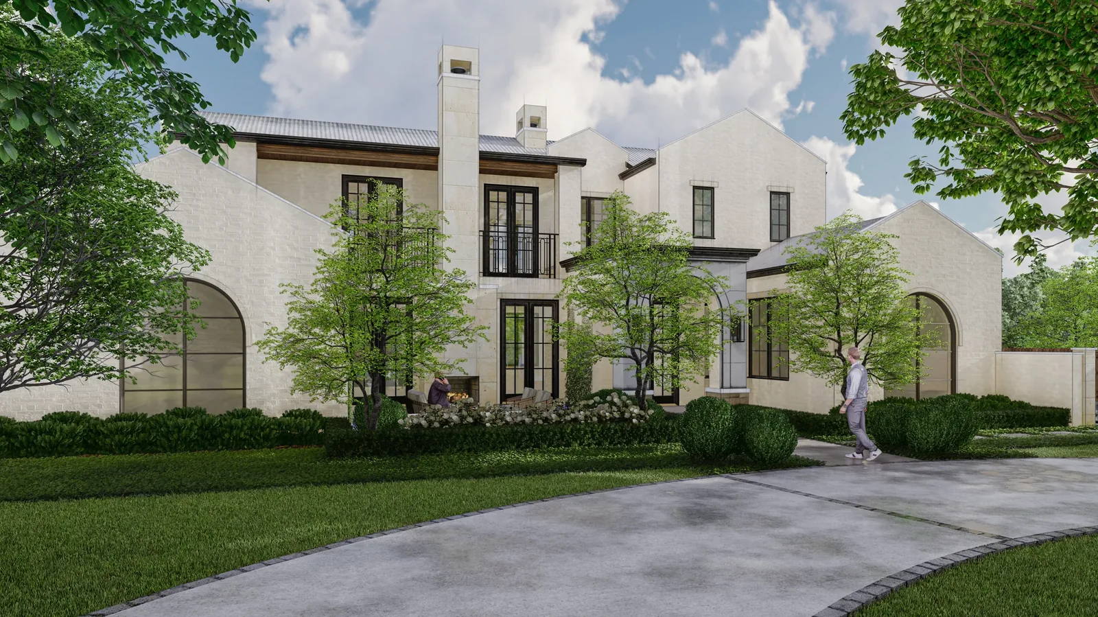 Landscaped garden with trees, clipped hedges, and flower beds in front of a contemporary stone home.